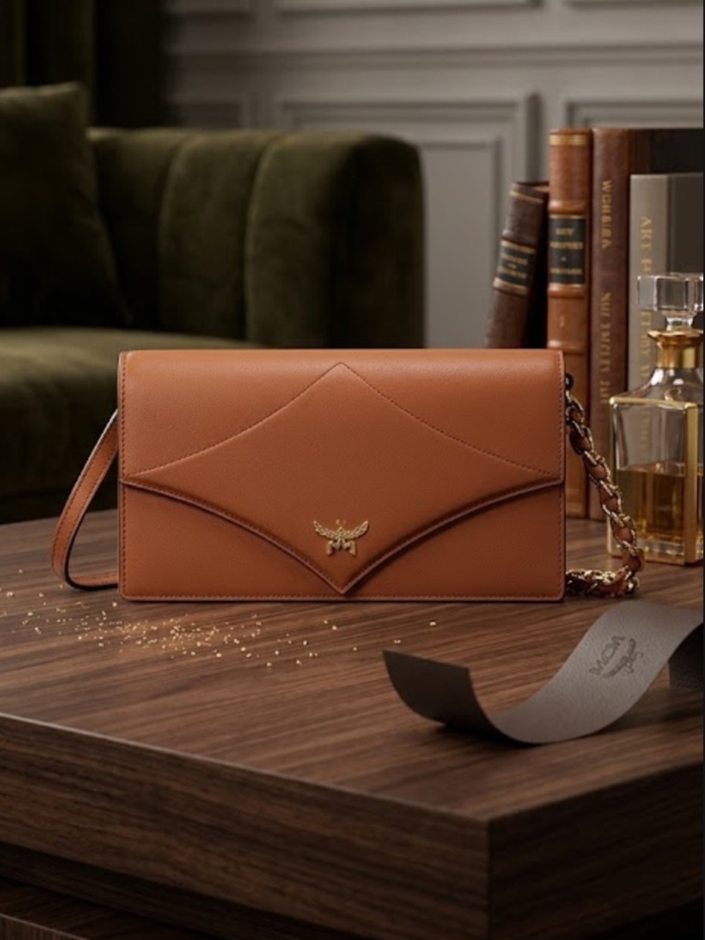 MCM Diamond Chain Wallet in Calfskin Large in Brown NWT full inclusion